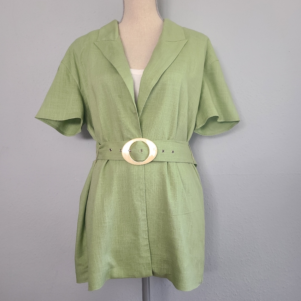 Song of Style Linen Blend Green Peak Lapel Button Front Short Sleeve Belted Med